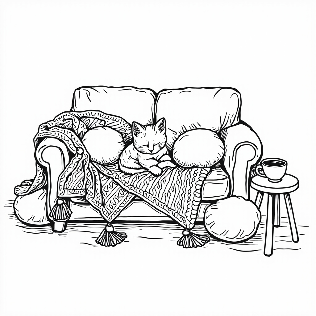 Sofa with a blanket and a cat