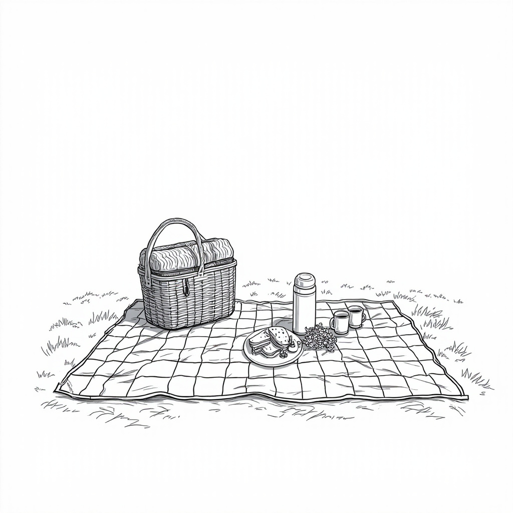 Picnic blanket with a basket in the grass