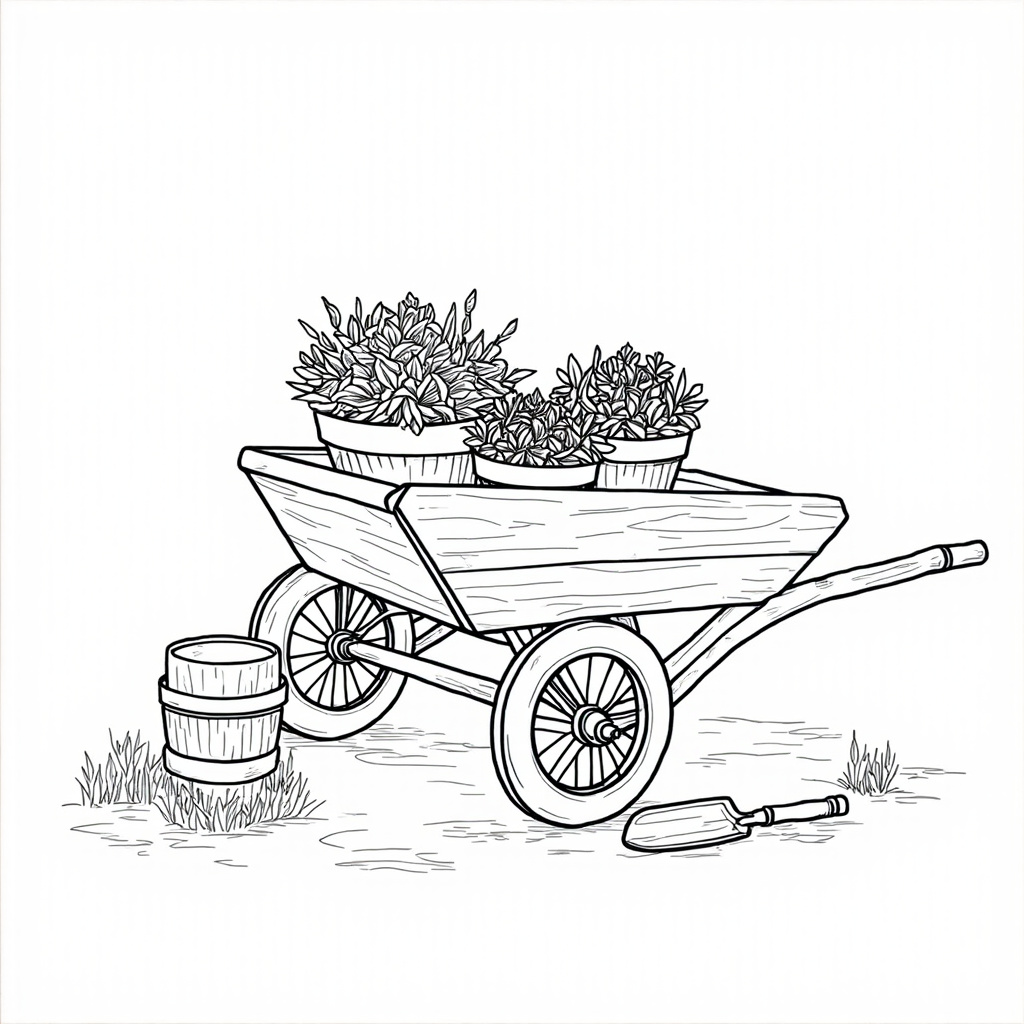 Wooden wheelbarrow with flower pots