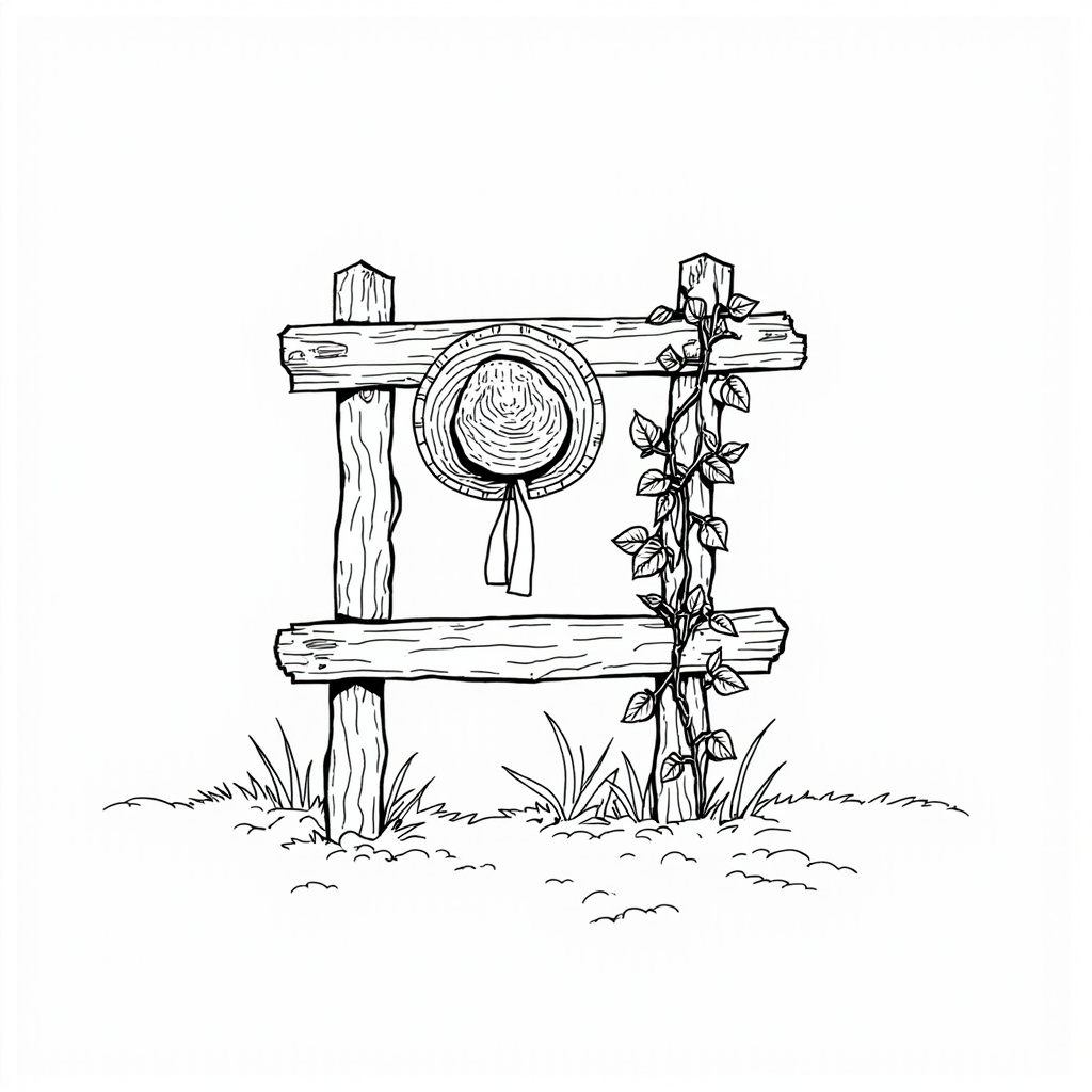 Straw hat with a ribbon hanging on a fence post
