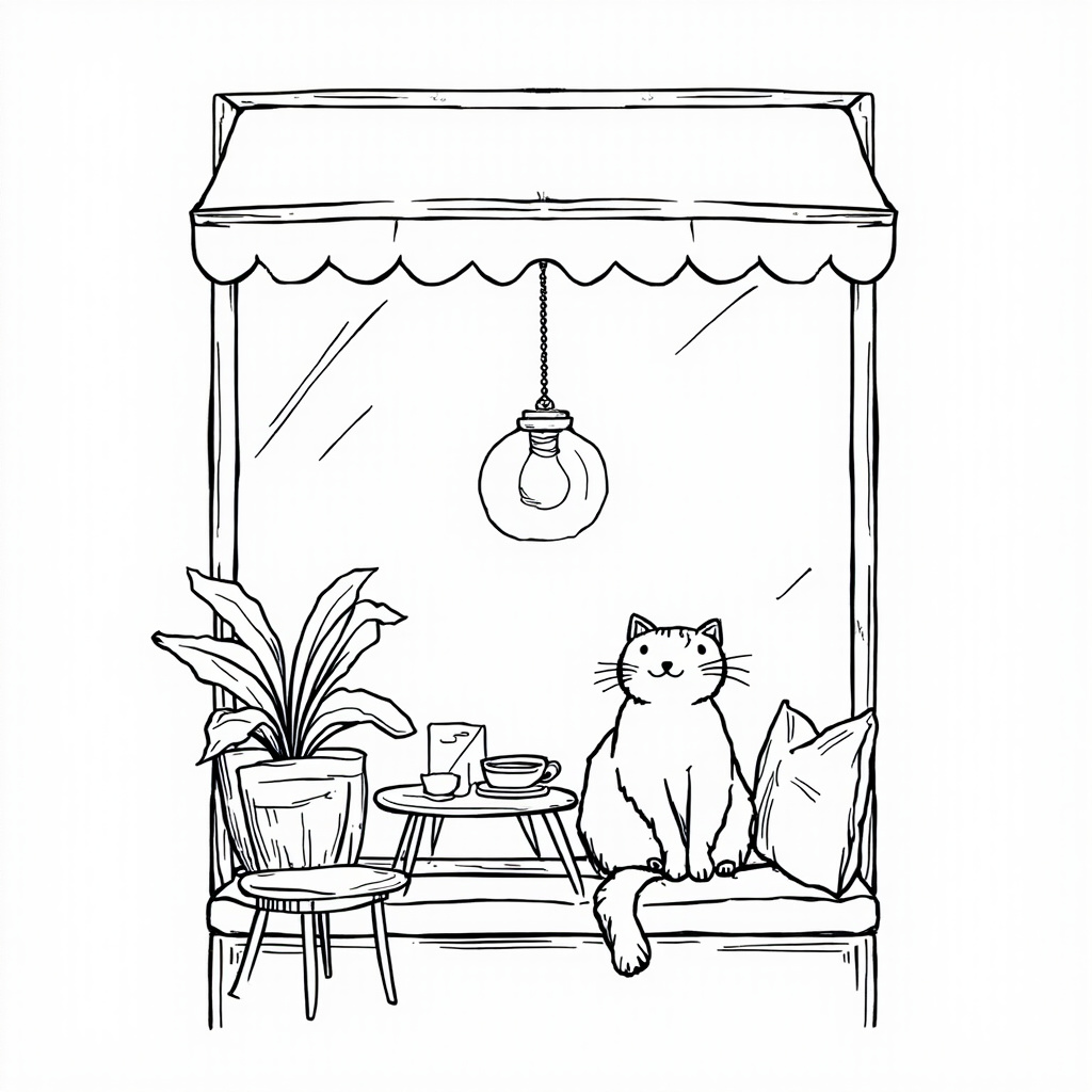 Cat at a window seat in a cat cafe
